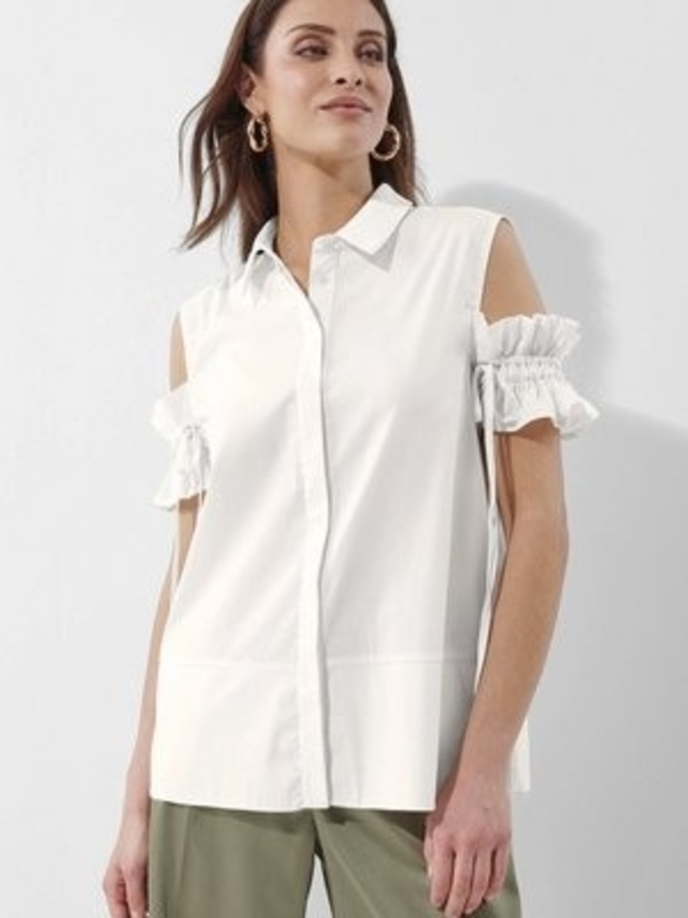 Roma White Cold-Shoulder Button-Front Shirt